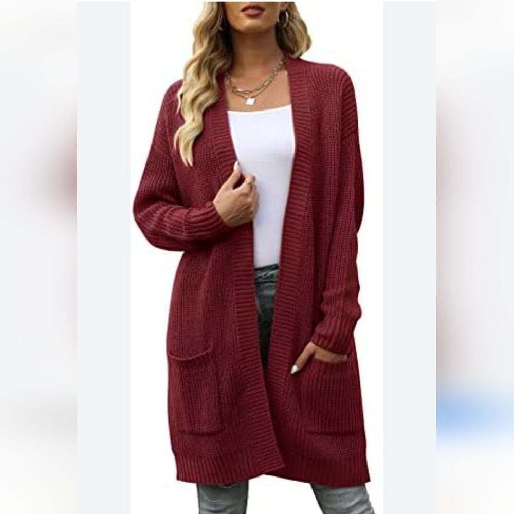 Mirol burgundy crochet chunky knit cardigan duster sweater